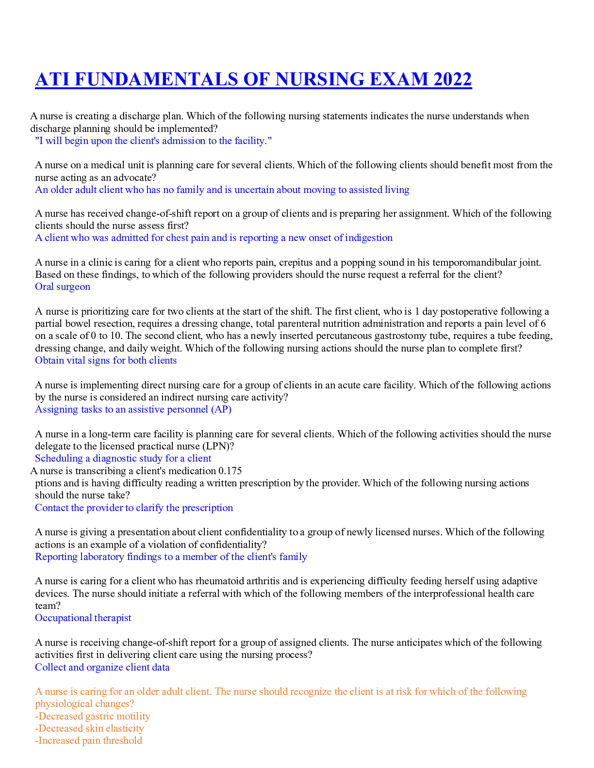 ATI FUNDAMENTALS OF NURSING EXAM 2022 Browsegrades
